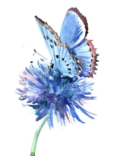 Butterfly Painting - Blue Butterfly And Blue Flower by Suren Nersisyan ...