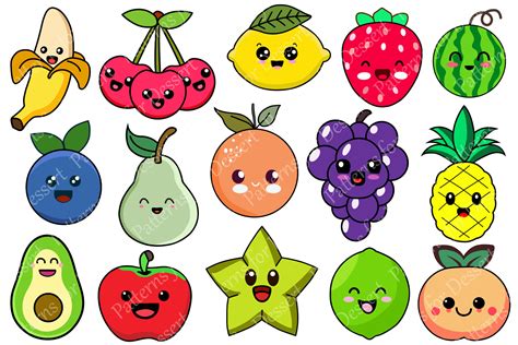 Cute Kawaii Fruit Clip Art By Patterns for Dessert | TheHungryJPEG