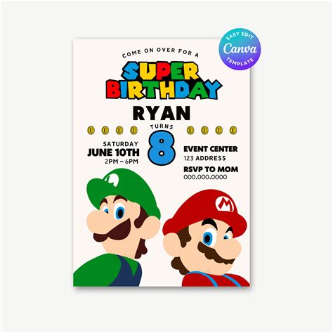 Mario Invitation Super Mario Birthday Super Mario Brothers - Etsy