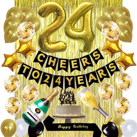 Buy Gold 24th Birthday Decorations kit, Cheers To 24 Years Banner Balloons,24th Cake Topper ...