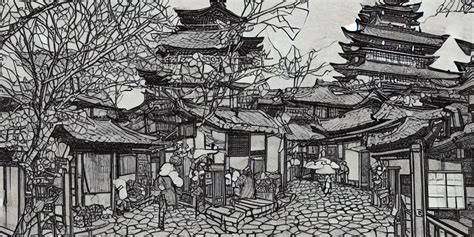 “woodblock scene depicting cozy Japanese village being | Stable Diffusion