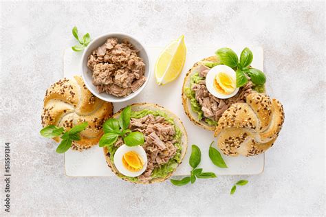 Canned tuna open sandwiches. Buns burgers with canned tuna, boiled egg ...