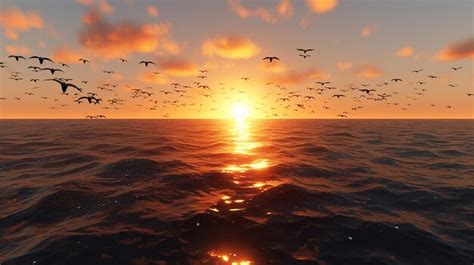 Premium AI Image | Birds Flying over the Ocean at Sunset