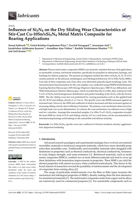 (PDF) Influence of Si3N4 on the Dry Sliding Wear Characteristics of Stir-Cast Cu-10Sn/xSi3N4 ...