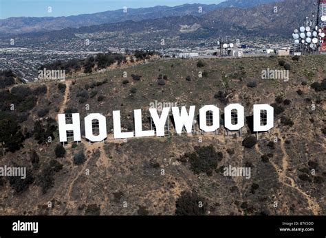 hollywood sign in the hills above los angeles california aerial view ...