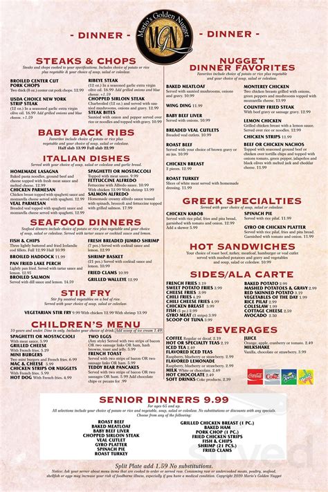 Mario's Golden Nugget menu in Oxford, Michigan, USA