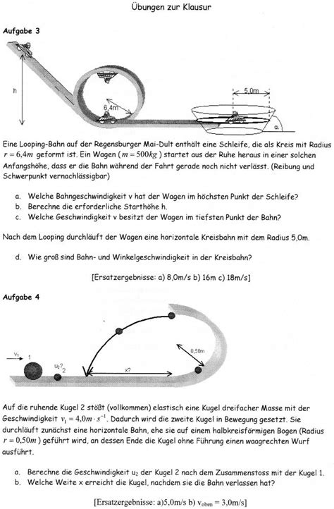 Übung zur Klausur: Physik Looping aufgabe (klasse 11, Energieerhaltung, waagerechter-wurf)