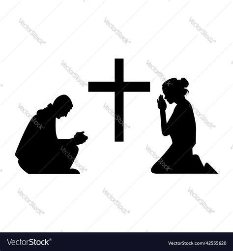 People praying in front of the cross silhouette Vector Image