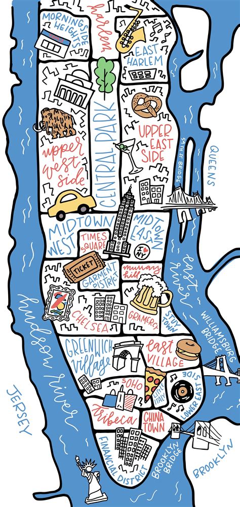 Custom illustrated map of New York City featuring Manhattan neighborhoods from the East Village ...