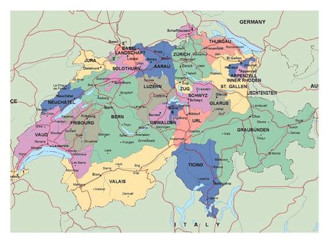 Detailed political and administrative map of Switzerland with roads and ...