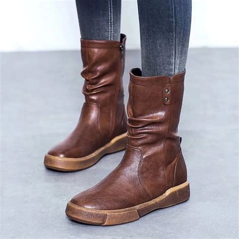 Women's Martin Boots Autumn & Winter New plus Velvet Low Heel Mid Calf British Style Retro Large ...