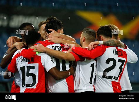 Feyenoord players celebrate scoring their side's first goal during the ...