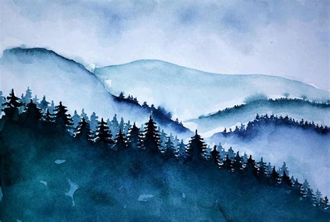 Watercolor mist forest landscape. Watercolor landscape of forest and ...