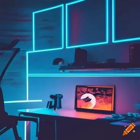 Hi-tech gamer in neon-lit coffee shop on Craiyon