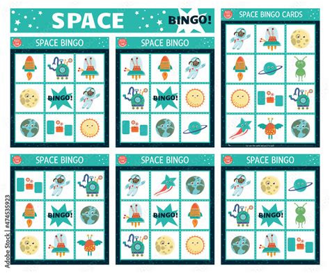 Vector Space bingo cards set. Fun family lotto board game with cute astronaut, star, rocker ...