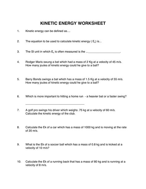 kinetic energy worksheet