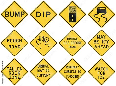 Collection of road condition warning signs used in the USA Stock ...