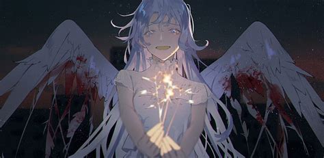 4K free download | Anime fallen angel, wings, injured, white hair ...