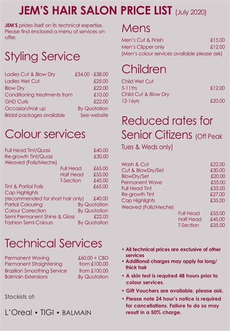 Hair Salon Prices List and Menu Design Ideas