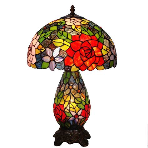 Bieye L10185 12-inches Rose Tiffany Style Stained Glass Table Lamp with Double Lit, 19-inch in ...