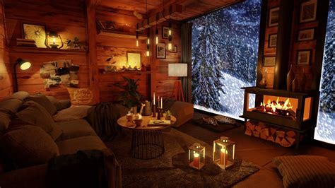 Winter Snowstorm In A Cozy Hut With Crackeling Fire And Howling Wind ...