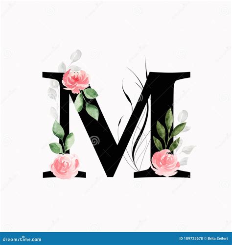 Floral Monogram Letter M - Decorated with Pink Roses and Leaves, Watercolor Stock Illustration ...