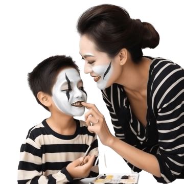 Asian Mother And Kid Son Getting Makeup Halloween Face Painting Look ...