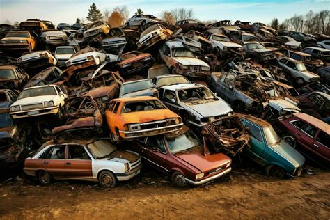 Rusting old junk cars with environment pollution in junkyard for ...