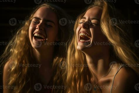 two young women laughing together in the dark generative AI 28362628 ...