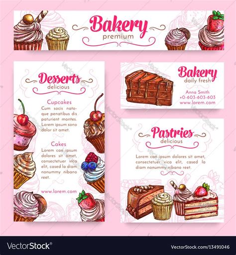 Bakery and pastry desserts banner template set. Cake and cupcake with cream, chocolate, cookie ...