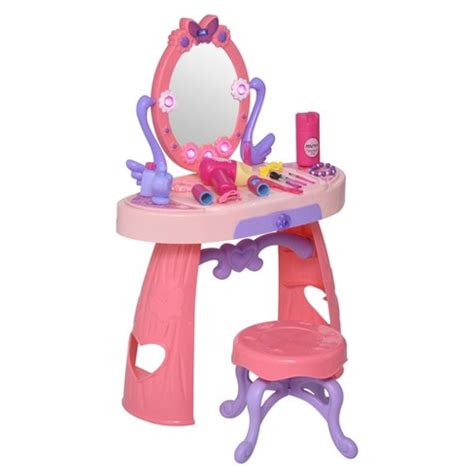 Qaba Kids Vanity Table And Stool, Beauty Pretend Play Set With Mirror, Lights, Sounds & Beauty ...