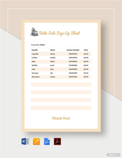 Bake Sale Sign-up Sheet Template - PDF | Word | Apple Pages | Google ...