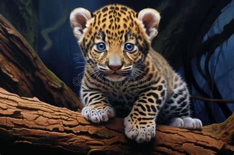 Leopard Cub Sitting on a Tree Branch in a Dark Forest Stock ...