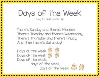 Days of the Week Song Card by CB Designs | TPT