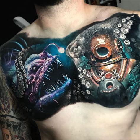 Simply stunning men's chest piece with a retro diver, angler fish and a ...