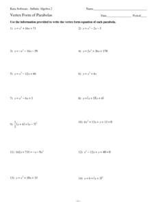 Vertex Form of Parabolas Worksheet for 9th - 11th Grade | Lesson Planet