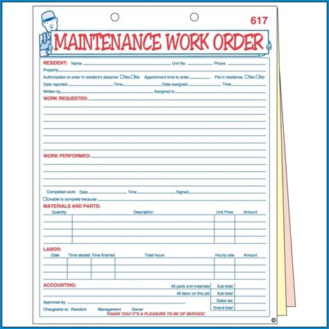 Printable Maintenance Work Order Template