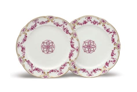 TWO SEVRES PORCELAIN PLATES FROM THE SERVICE MADE FOR LOUIS XV AT THE CHATEAU DE FONTAINEBLEAU ...