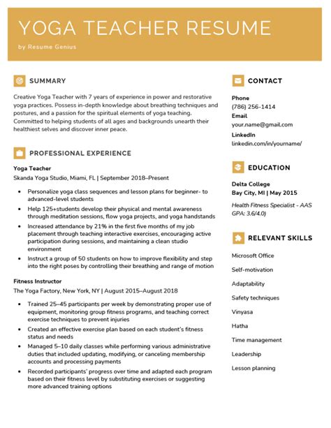 Yoga Teacher Resume - Example & Template (Free Download)