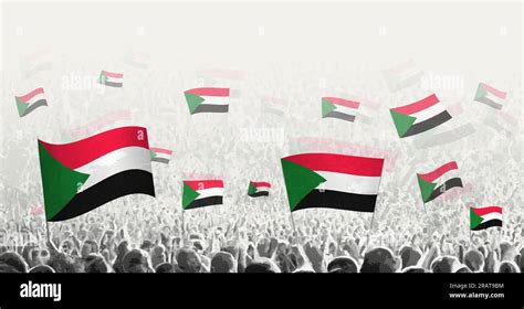 Abstract crowd with flag of Sudan. Peoples protest, revolution, strike ...