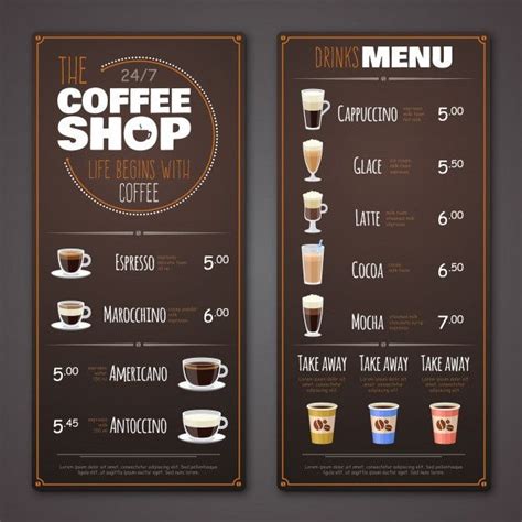 a coffee shop menu with drinks and price list on the dark brown ...