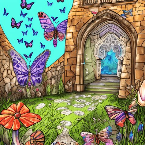 Castle Interior Garden with Magic Lighting and Butterflies · Creative Fabrica