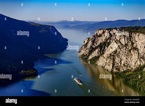 An aerial view of boat in Iron Gates gorge on the river Danube in Romania Stock Photo - Alamy