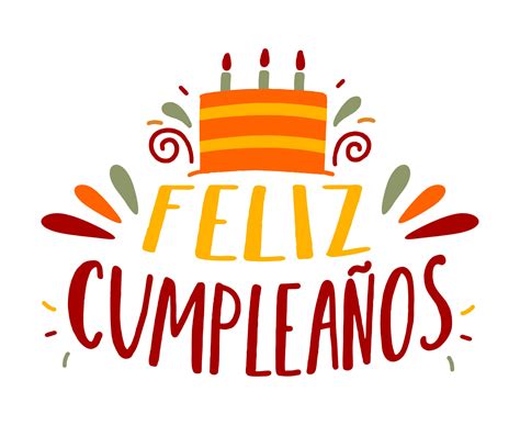 Happy birthday in Spain. Lettering in Spanish with cake and curlicues. Vector illustration ...