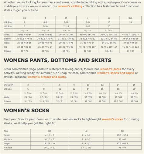 MERRELL - Women's Clothing Sizing Chart