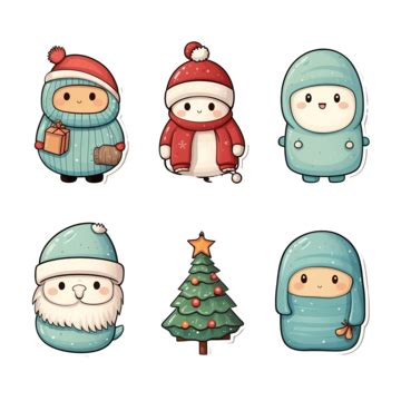 Set Of Stickers With Cute Cartoon Characters, Christmas Theme, Hand Drawn, Colorful Pack PNG ...