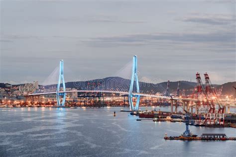 Evening View of Busan Harbor Bridge and the Port of Busan Stock Photo ...