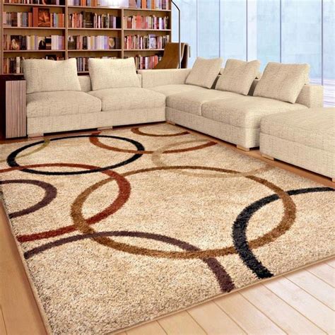 Modern Geometric Shag Area Rug - Cream Background with Brown, Black ...