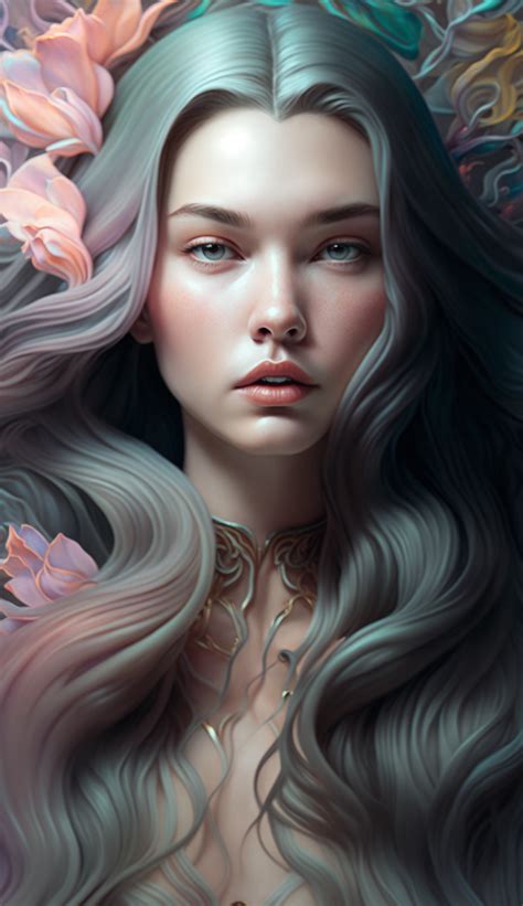 Heraldic tranquility: Gorgeous woman with long hair and intricate details in hyperrealistic ...