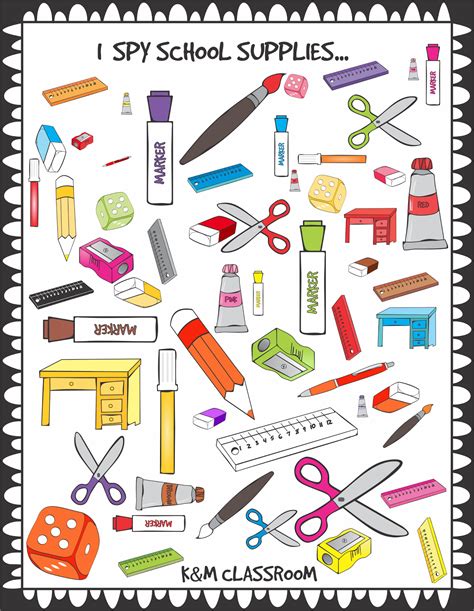 an image of school supplies with the words i spy school supplies